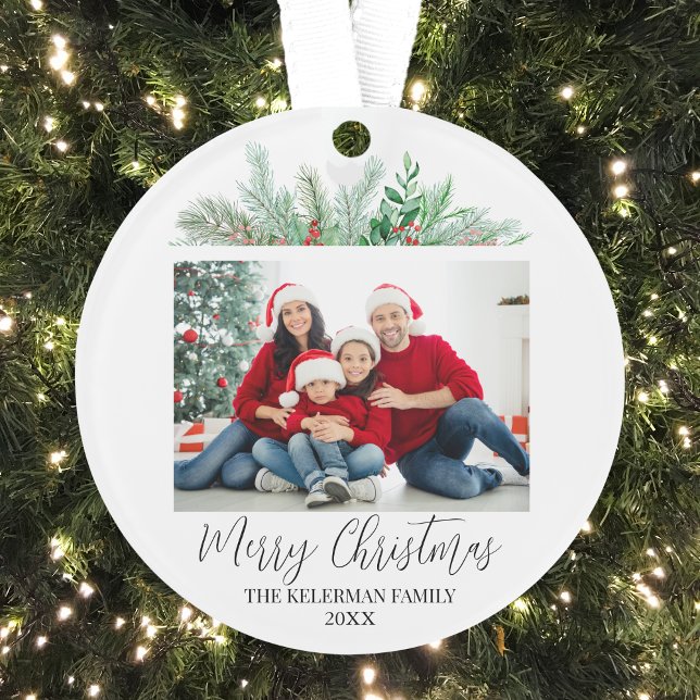 Modernes Drehbuch Frohe Weihnachtsfamilie Foto Ornament (Merry Christmas Create Your Own Family Photo Ornament)