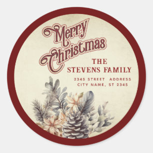 Modernes Drehbuch Frohe Weihnachtskiefer Blumenkog Runder Aufkleber