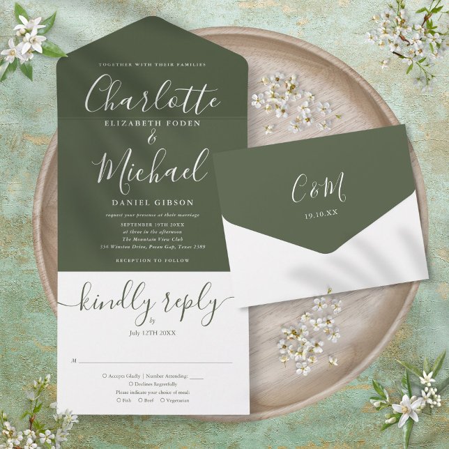 Modernes Drehbuch Minimalistisch Olive Green Weddi All In One Einladung (Modern Script Minimalist Olive Green Wedding All In One Invitation)