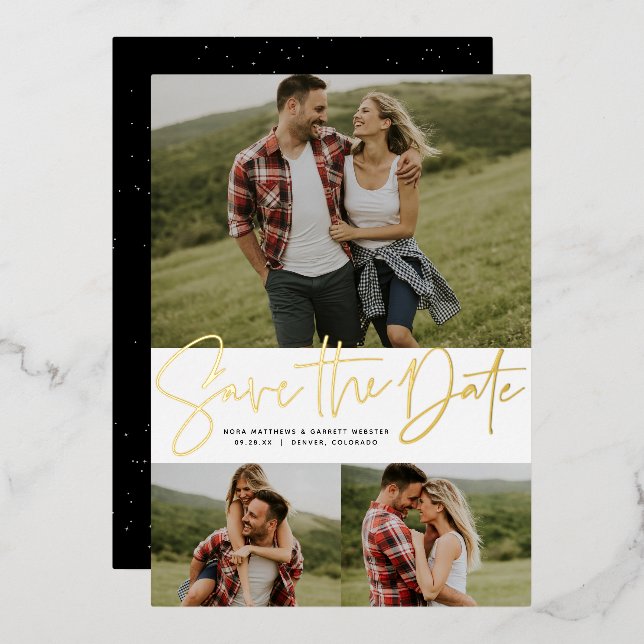 Modernes Drehbuch mit drei Foto Gold Save the Date Folieneinladung (Vorderseite/Rückseite)