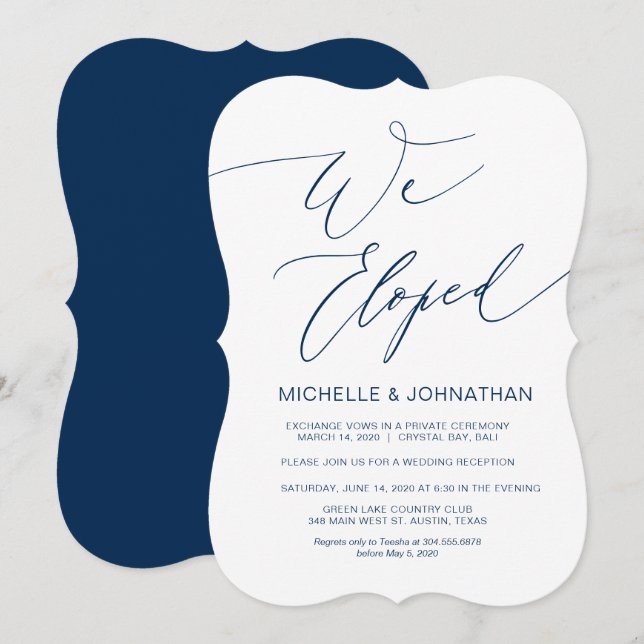 Modernes Drehbuch, Navy Blue, Hochzeitsfeier Einladung (Vorne/Hinten)