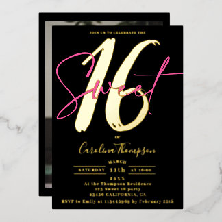 Modernes Drehbuch Neon rosa Foto Sweet 16 gold Folieneinladung