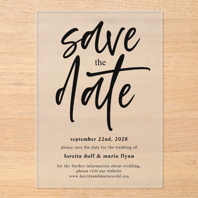 Modernes Drehbuch Save the Date Mattiert Acryleinladungen (Vorderseite)