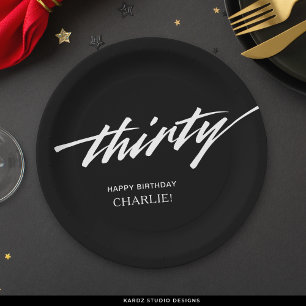 Modernes Drehbuch Schwarz-weiß 30. Geburtstag Pappteller