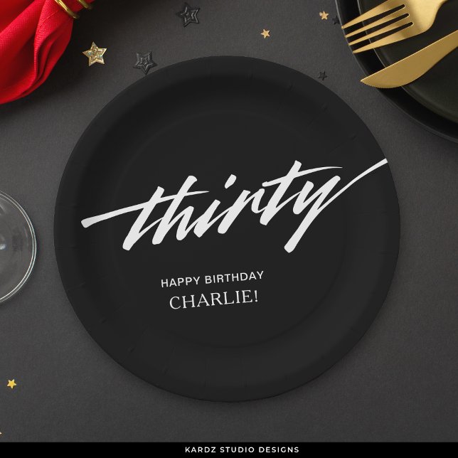 Modernes Drehbuch Schwarz-weiß 30. Geburtstag Pappteller (Von Creator hochgeladen)