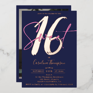Modernes Drehschiff blaues Foto Sweet 16 Rose Gold Folieneinladung