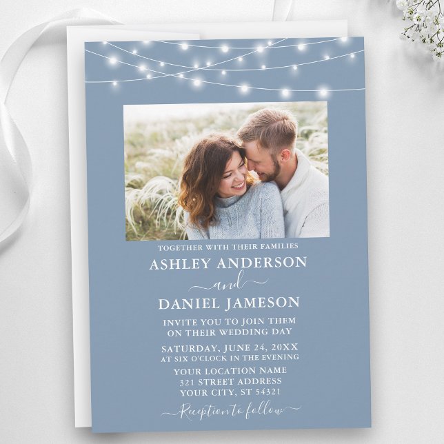 Modernes, duftendes Blue String Lights Foto Weddin Einladung (Customize to add more text to back of card.)