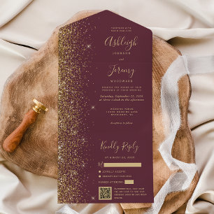Modernes Dunkel Burgund Gold Glitzer QR Code Weddi All In One Einladung