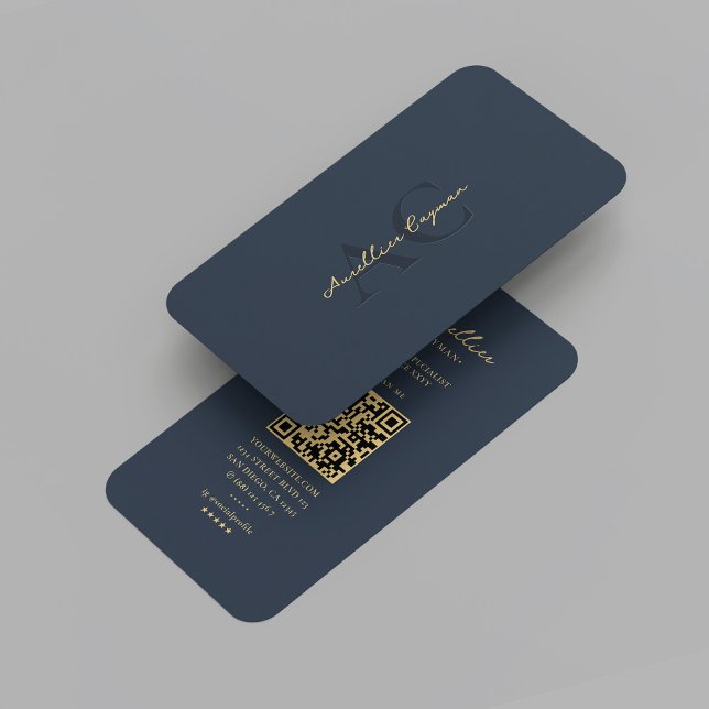 Modernes Dunkelblau-Monogramm Beruflich Visitenkarte (Modern Dark Blue Gold Monogram Professional Marketing Networking QR 
Code Elegant Business Card
)