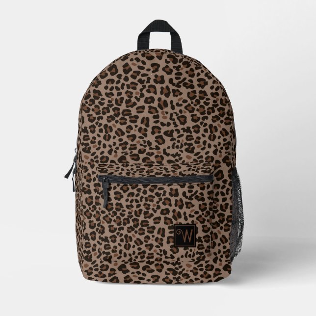 Modernes dunkelbraunes Tierleopard-Monogramm Bedruckter Rucksack (Vorderseite)
