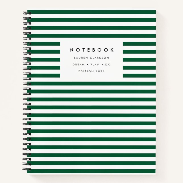 Modernes Dunkelgrün gestreiftes Notebook Notizbuch (Vorderseite)