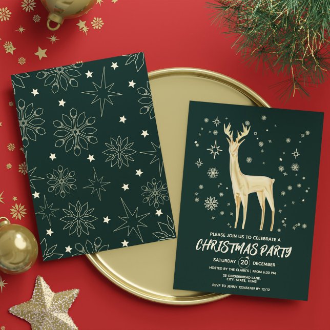 Modernes Dunkelgrün und Gold Elegantes Deer Xmas P Einladung (Modern Dark Green and Gold Elegant Deer Xmas Party Invitation)