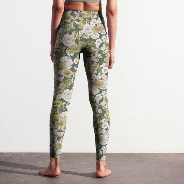 Modernes dunkelgrünes Olive FLordesign Leggings (Modern dark green olive floral pattern printed leggings design for nature and flower lovers.)