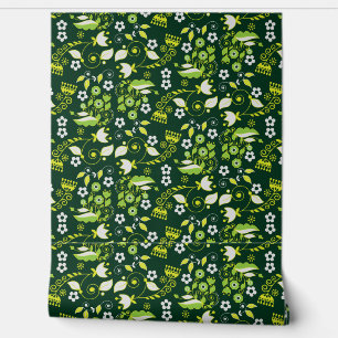 Modernes dunkelgrünes skandinavisches Blumenmuster Tapete
