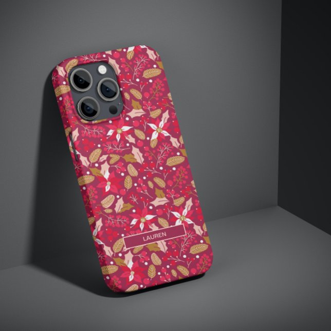 Modernes dunkelrosa rotes Poinsettia Folklorenmust Case-Mate iPhone Hülle (Celebrate Christmas with this festive phone case designed to spread some holiday cheer! 🎅)