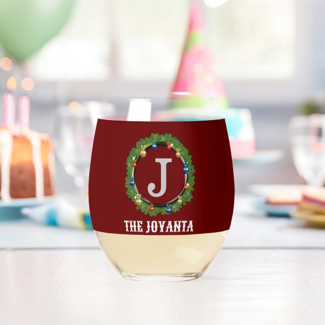Modernes dunkelrotes Monogramm Weinglas Ohne Stiel (Insitu (Geburtstag))