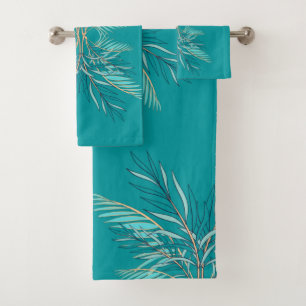Modernes dunkles Aquamarines Palm Blätter Strand B Badhandtuch Set