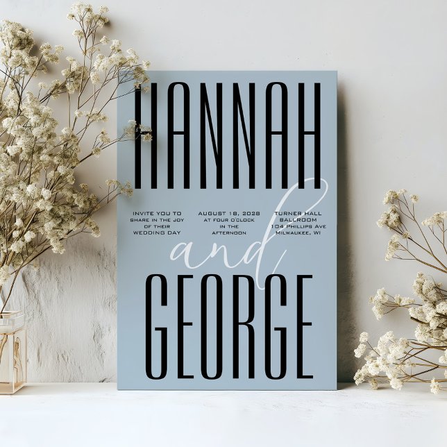 Modernes, dunkles Blau und schwarz einfacher QR Co Einladung (Modern dusty blue wedding invitation bold black typography with elegant script calligraphy & QR code)