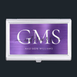 Modernes dunkles Lila gebürstetes Metall 3 Monogra Visitenkarten Dose<br><div class="desc">Modernes,  elegantes,  dunkles Lila gebürstetes Monogram-Script-Kartentasche</div>