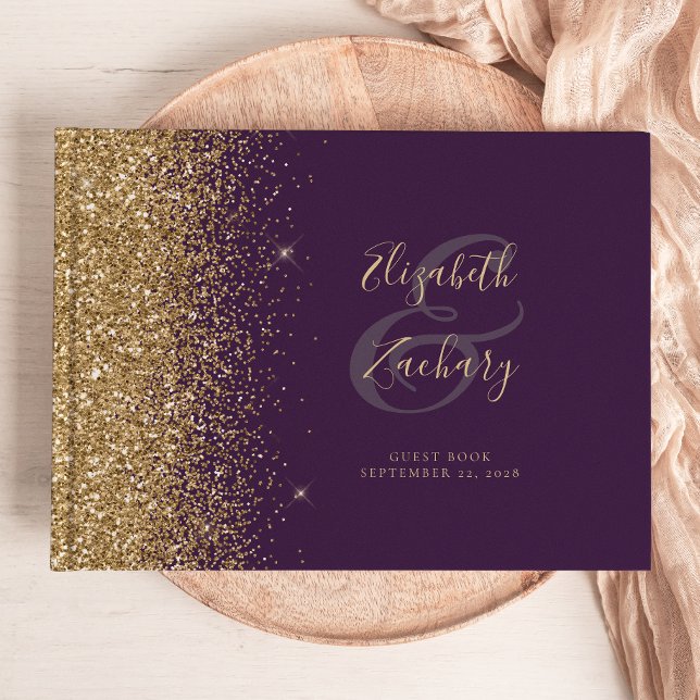 Modernes dunkles Lila Gold Glitzer Script Gästebuch (Von Creator hochgeladen)