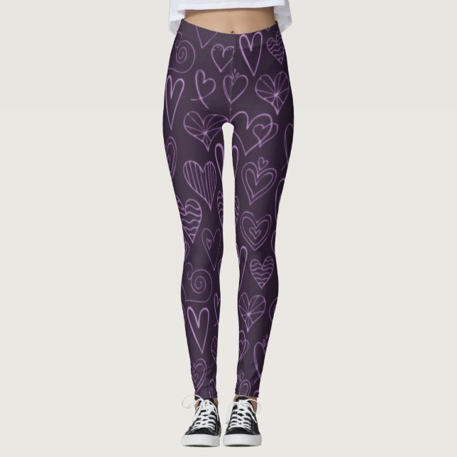 Modernes dunkles Lila Herzmuster Leggings (Vorderseite)