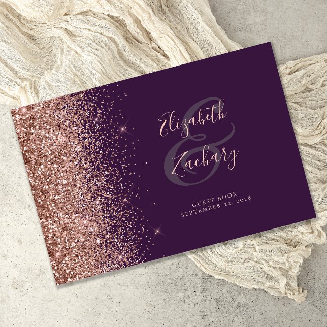 Modernes Dunkles Lila Rose Gold Glitzer Script Gästebuch (Von Creator hochgeladen)