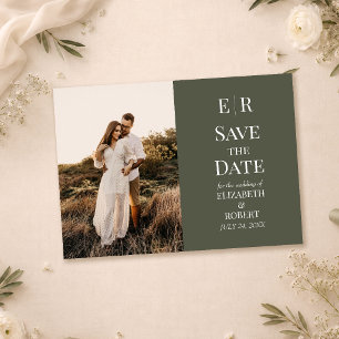 Modernes dunkles Olive Monogram-Foto Save the Date Einladung