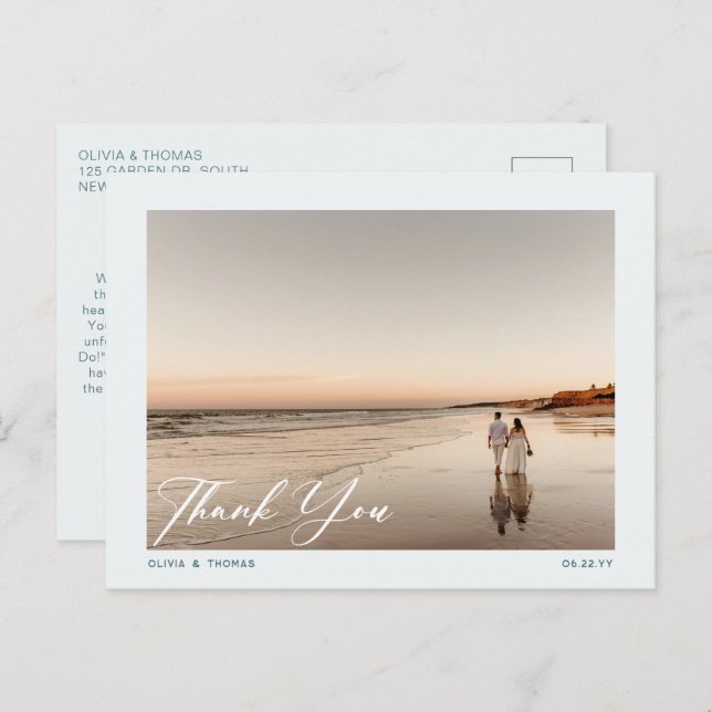 Modernes Dusty Blue Beach Wedding Foto Vielen Dank Postkarte (Vorne/Hinten)
