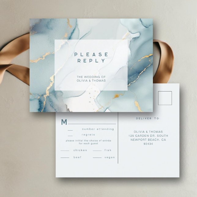 Modernes Dusty Blue Chic Beach Hochzeitssaal UAWG Einladungspostkarte (dusty blue wedding rsvp meal card beach summer elegant bohemian modern romantic gold chic)