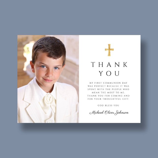 Modernes Dusty Blue Cross Boy First CommunityFoto Dankeskarte (Modern Dusty Blue Cross Boy First Communion Photo Thank You Card)