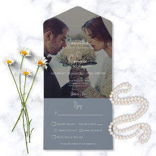 Modernes Dusty Blue Elegantes Foto Abendessen All In One Einladung