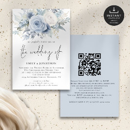 Modernes Dusty Blue Florals QR Code Wedding Einladung