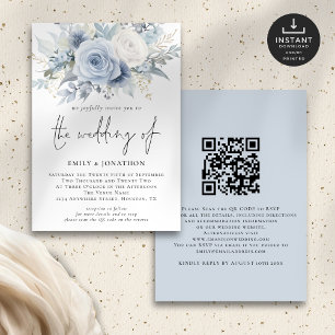 Modernes Dusty Blue Florals QR Code Wedding Einladung