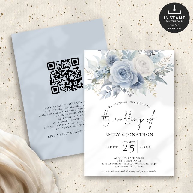 Modernes Dusty Blue Florals QR Code Wedding Einladung (Front and back view)