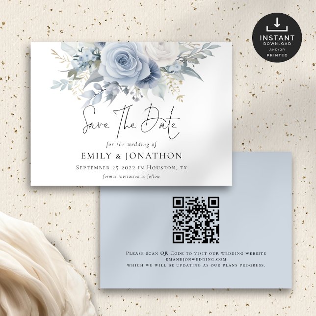 Modernes Dusty Blue Florals QR Code Wedding Save The Date (Front and back view)
