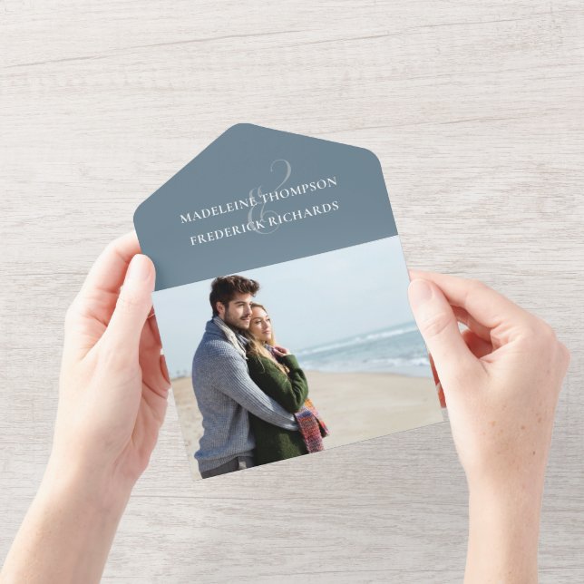 Modernes Dusty Blue Foto Minimalistisch QR Code UA All In One Einladung (Eröffnung)