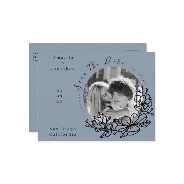 Modernes Dusty Blue Foto Wedding Save the Date Postkarte (Vorderseite/Rückseite Beispiel)