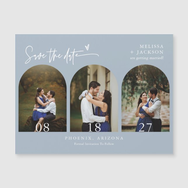 Modernes Dusty Blue Minimal Save the Date Arch Fot Magnetkarte (Vorderseite)
