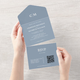 Modernes Dusty Blue Monogram QR Code UAWG Wedding All In One Einladung