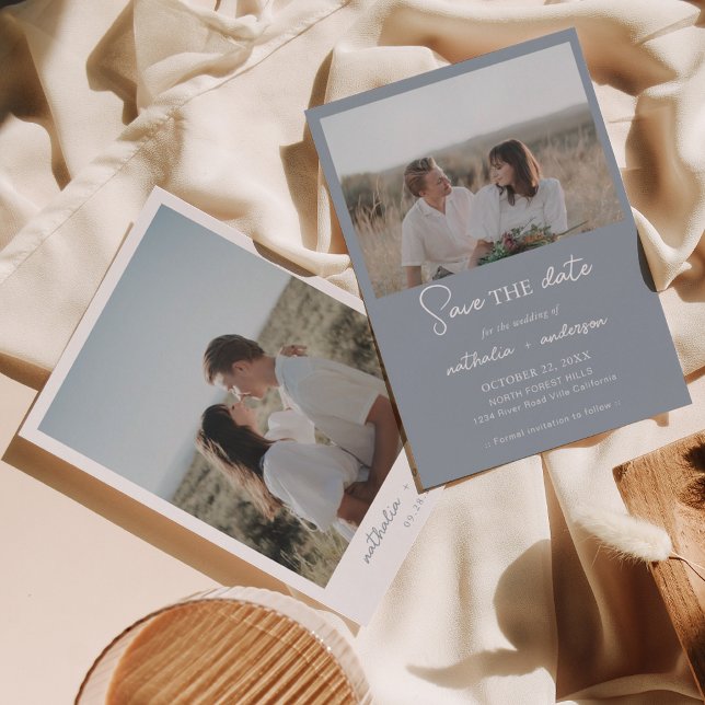 Modernes Dusty Blue Script Foto Save the Date Einladung (Von Creator hochgeladen)