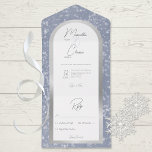 Modernes Dusty Blue & Snow Silver Foil Kein Abende All In One Einladung<br><div class="desc">AUCH MIT EINEM QR-CODE, DER IM UAWG BEREICH AUSGEWÄHLT WERDEN KANN, ODER OHNE AUSWAHL DES ABENDS. Dieses einfache, aber elegante Hochzeitsinspektionsdesign zeichnet sich durch einen schönen, staubblauen Hintergrund mit sanft fallenden weißen Schneeflocken aus. Der Text wird auf einem gewölbten, weißen Textbereich über einem Imitat mit Silberfolienbogen für extra Winterfunkel angezeigt....</div>