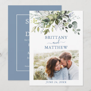 Modernes Dusty Blue Watercolor Grüne Foto Save The Date