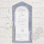 Modernes Dusty Blue & Winter Snow Silver Dinner All In One Einladung<br><div class="desc">AUCH MIT EINEM QR-CODE, DER IM UAWG BEREICH AUSGEWÄHLT WERDEN KANN, ODER OHNE AUSWAHL DES ABENDS. Dieses einfache, aber elegante Hochzeitsinspektionsdesign zeichnet sich durch einen schönen, staubblauen Hintergrund mit sanft fallenden weißen Schneeflocken aus. Der Text wird auf einem gewölbten, weißen Textbereich über einem Imitat mit Silberfolienbogen für extra Winterfunkel angezeigt....</div>