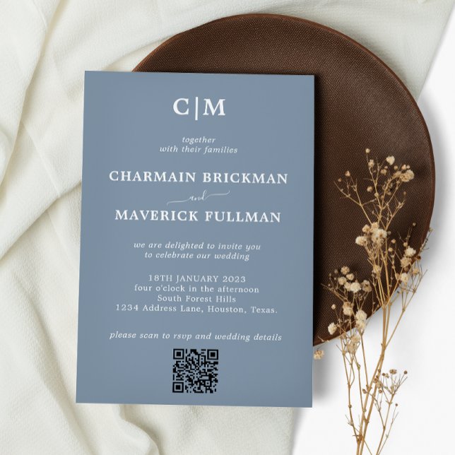 Modernes Einfach Dusty Blue Monogram QR Code Weddi Einladung (Von Creator hochgeladen)
