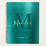 Modernes, einfach gebürstetes Metallic-Aquamarines Planer<br><div class="desc">Moderner einfacher,  metallischer Monogramm-Planer mit Pinsel</div>