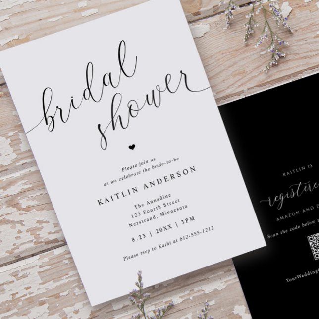 Modernes einfaches Brautparty Einladung (Modern Bridal Shower Invitations - Black and White Calligraphy - Registry on Back)