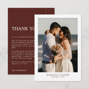 Modernes, einfaches Burnt Orange mit Foto Hochzeit Dankeskarte