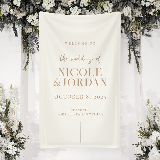 Modernes, einfaches Chic Ivory Tan Wedding Willkom Banner (Von Creator hochgeladen)