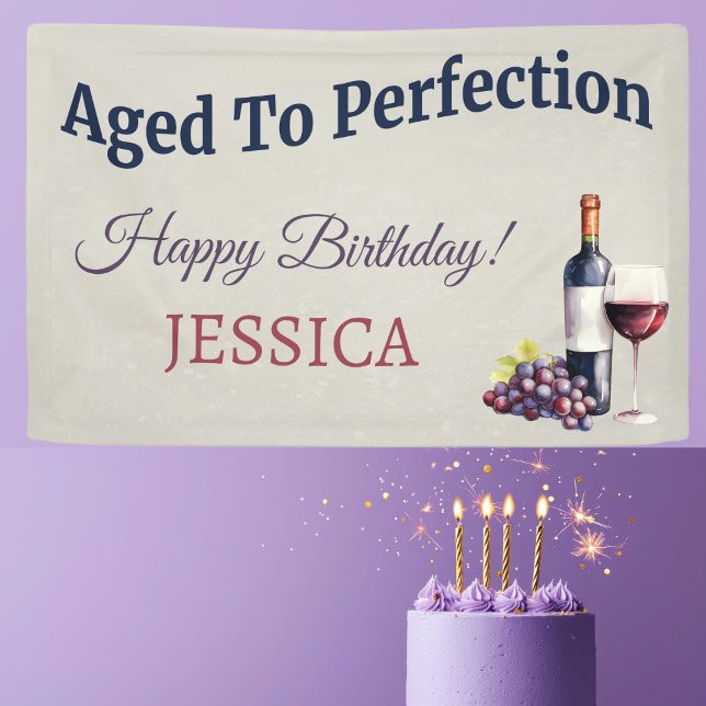 Modernes, einfaches Elegant Banner (Wine themed ‘Aged to Perfection’ birthday banner with watercolor grapes, wine glass & bottle.)