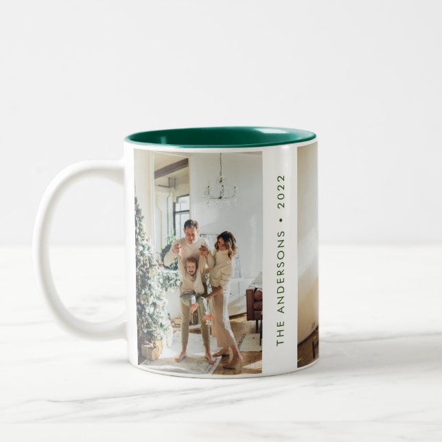 Modernes, einfaches Foto der Familie Neujahr Grün Zweifarbige Tasse (Links)